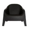 Black plastic outdoor chair with a modern, minimalistic design, wide armrests, and a slightly reclined backrest, suitable for patios or garden seating.