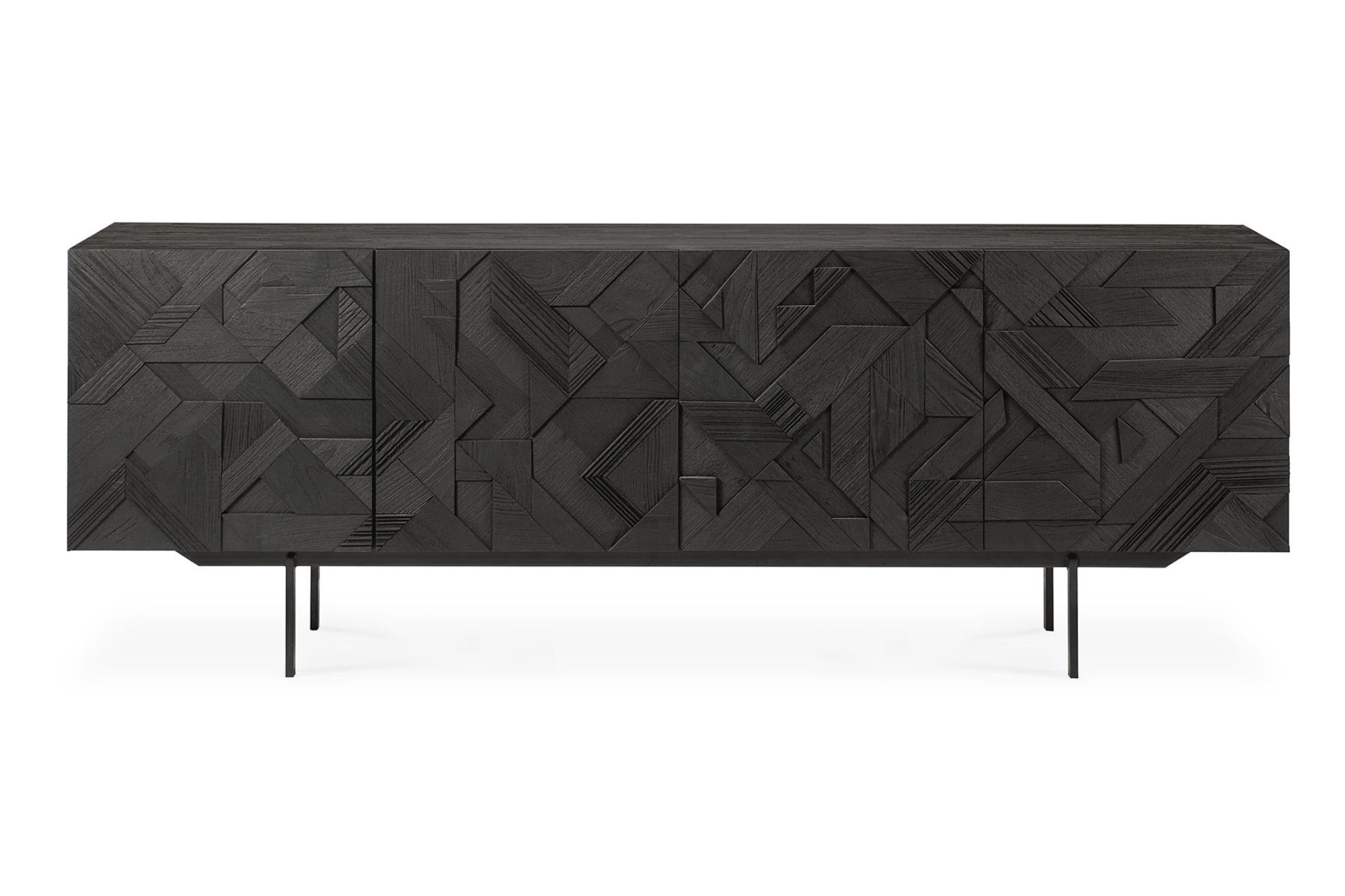Black wooden sideboard with geometric block pattern doors and slim metal legs, photographed against a white background as part of luxury designer furniture Auckland.