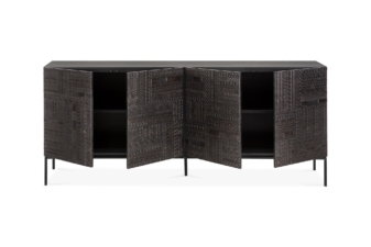 Ethnicraft Tabwa carved wood sideboard with geometric detailing shown with all doors open to reveal internal storage, part of premium designer furniture Auckland.