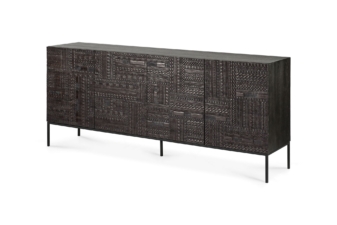 Ethnicraft Tabwa carved wood sideboard with geometric detailing and slim black metal legs, featured as premium designer furniture Auckland.