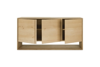 Ethnicraft Oak Nordic 150 solid oak sideboard with three open doors revealing internal adjustable shelving.