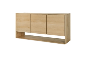 Ethnicraft Oak Nordic 150 sideboard, minimalist three-door solid oak cabinet with open plinth design.