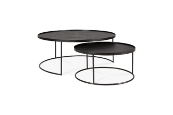 Ethnicraft round nesting coffee table set with black wood tops and slim black metal frames – customisable tray coffee tables NZ