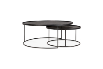 Set of two modern black metal nesting coffee tables with slim circular frames and matte tops, shown on a white background.