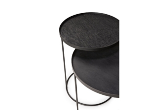 Ethnicraft high nesting side table set with black-stained wood tops and slim black metal frames – modern living room tables NZ