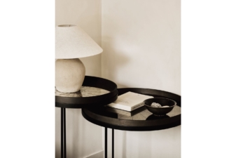 Round black-stained wood side tables by Ethnicraft with nesting design – customisable coffee or side tables NZ