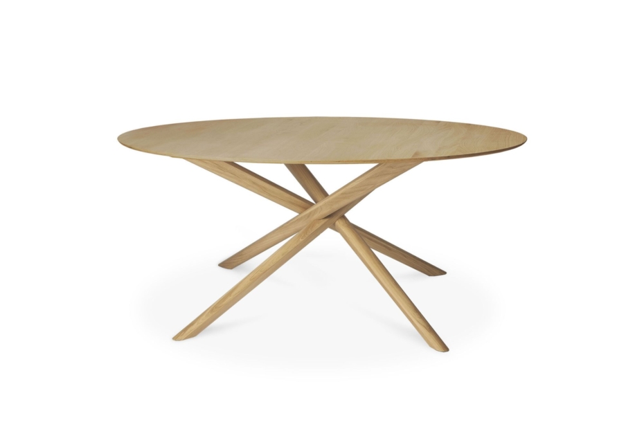 Ethnicraft Bok dining table, a round wooden table with a smooth surface and three angled, intersecting legs, creating a modern and stylish design.