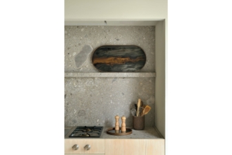 Kitchen styled with oval black and bronze decorative tray from Cuchi NZ, modern home accessories and designer furniture Auckland.