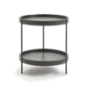 Modern black round side table with two-tier wood shelves and slim metal legs. cuchi nz