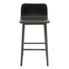 Front view of a modern black wooden bar stool with a sleek, minimalist design and sturdy legs.