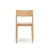 Front view of a minimalist wooden chair with a natural oak finish and a comfortable cushioned seat, showcasing a simple and elegant design.