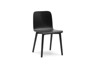 Angled side view of a sleek black wooden dining chair with a curved seat and backrest, supported by tapered legs in a Scandinavian minimalist design.