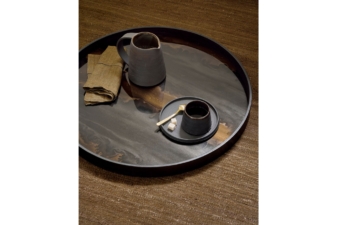 Round decorative tray with ceramic jug, cup, and linen napkin from Cuchi NZ, modern homeware and furniture Auckland accessories