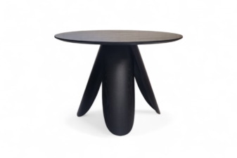 Modern round black wood table with artistic petal-shaped base legs.modern furniture from furniture store cuchi nz
