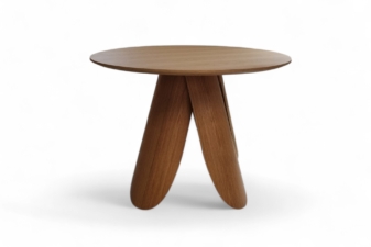 Contemporary round wooden table with sculptural, curved tripod legs in a natural oak finish. modern furniture nz