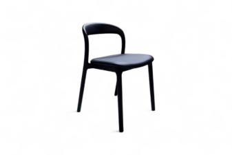 Angled view of a modern black chair with a rounded backrest and contoured seat, featuring a sleek and minimalist silhouette.
