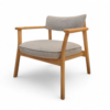 Side view of a stylish wooden armchair with a natural oak finish and soft grey fabric cushions.