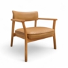 Front view of a modern armchair with a natural oak frame and tan leather seat and backrest.
